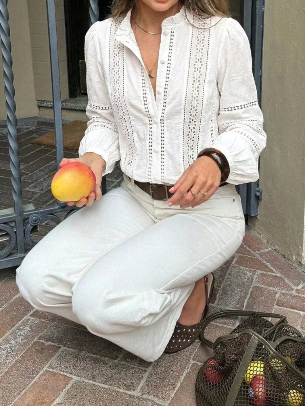 White Casual Women's Stand Collar Hollow Embroidery Long Sleeve Blouse